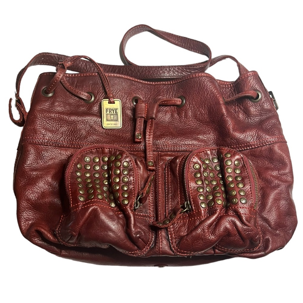 Frye Brooke Leather Studded Bucket Bag with Drawstring Red/ Burgundy
